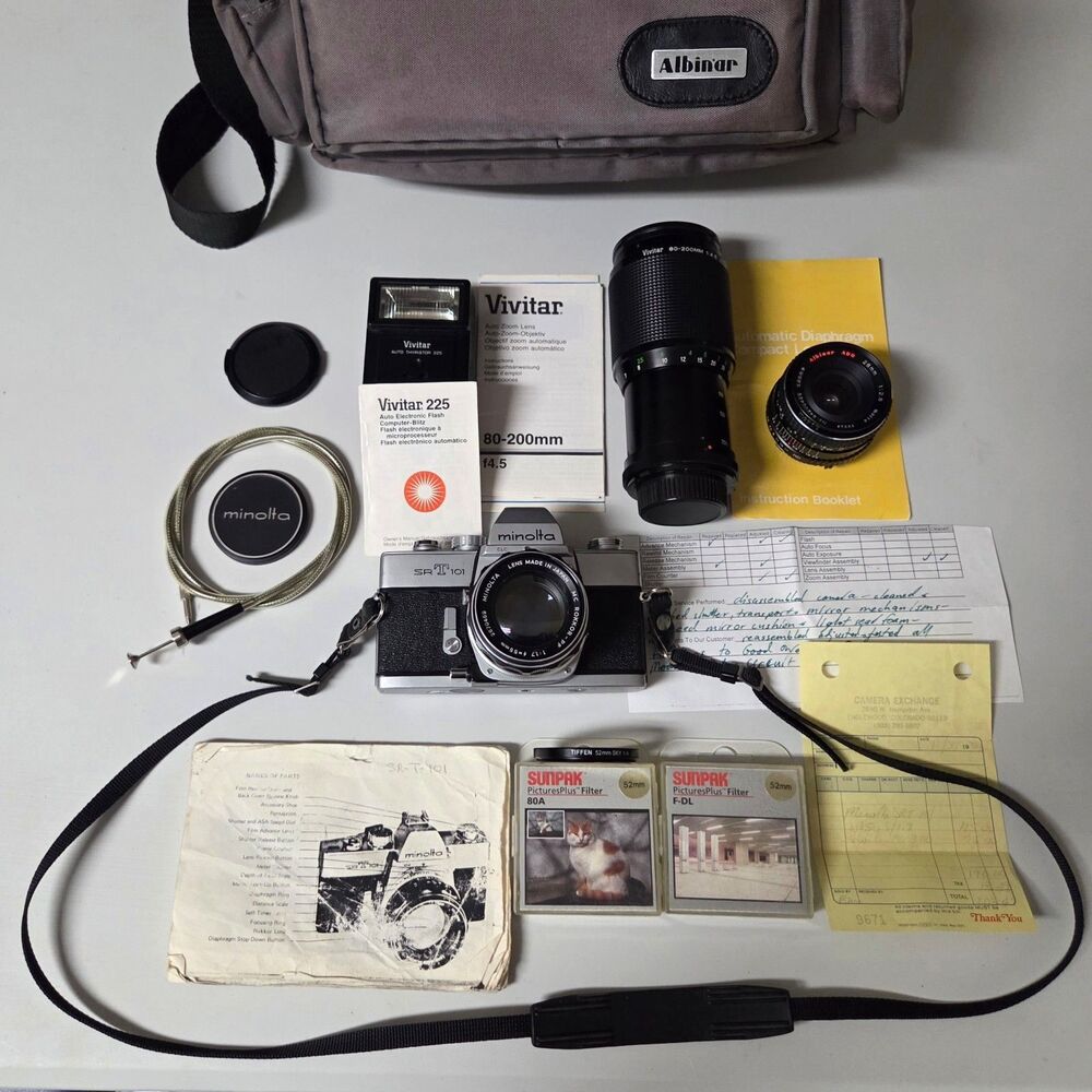 Minolta SRT101 35mm Film Camera Kit Tested Works 3 Lenses Flash Cable Bag